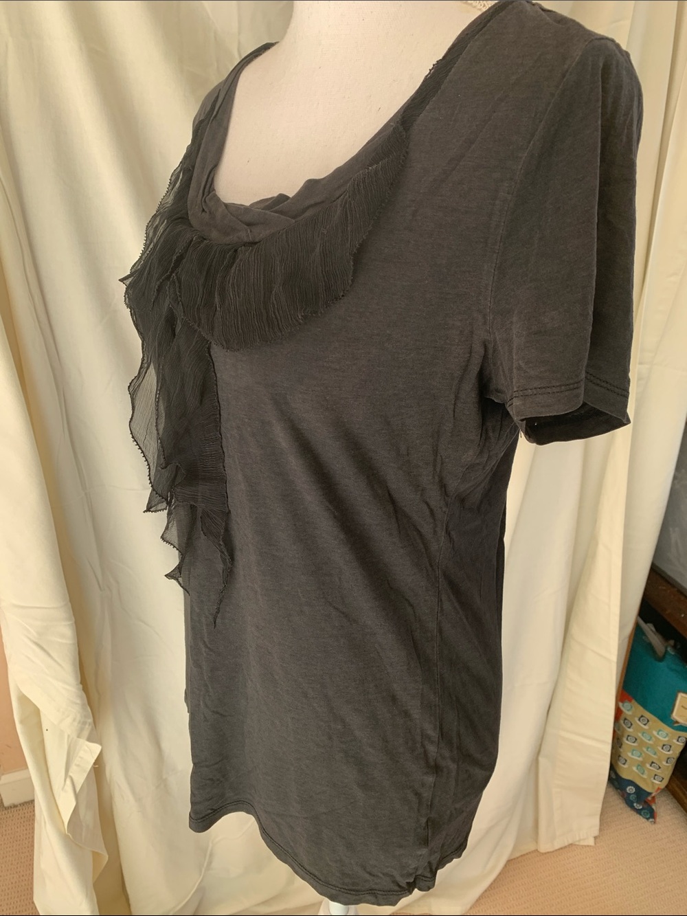 Black Short Sleeve Ruffle-Front Tee - Picture 4 of 7